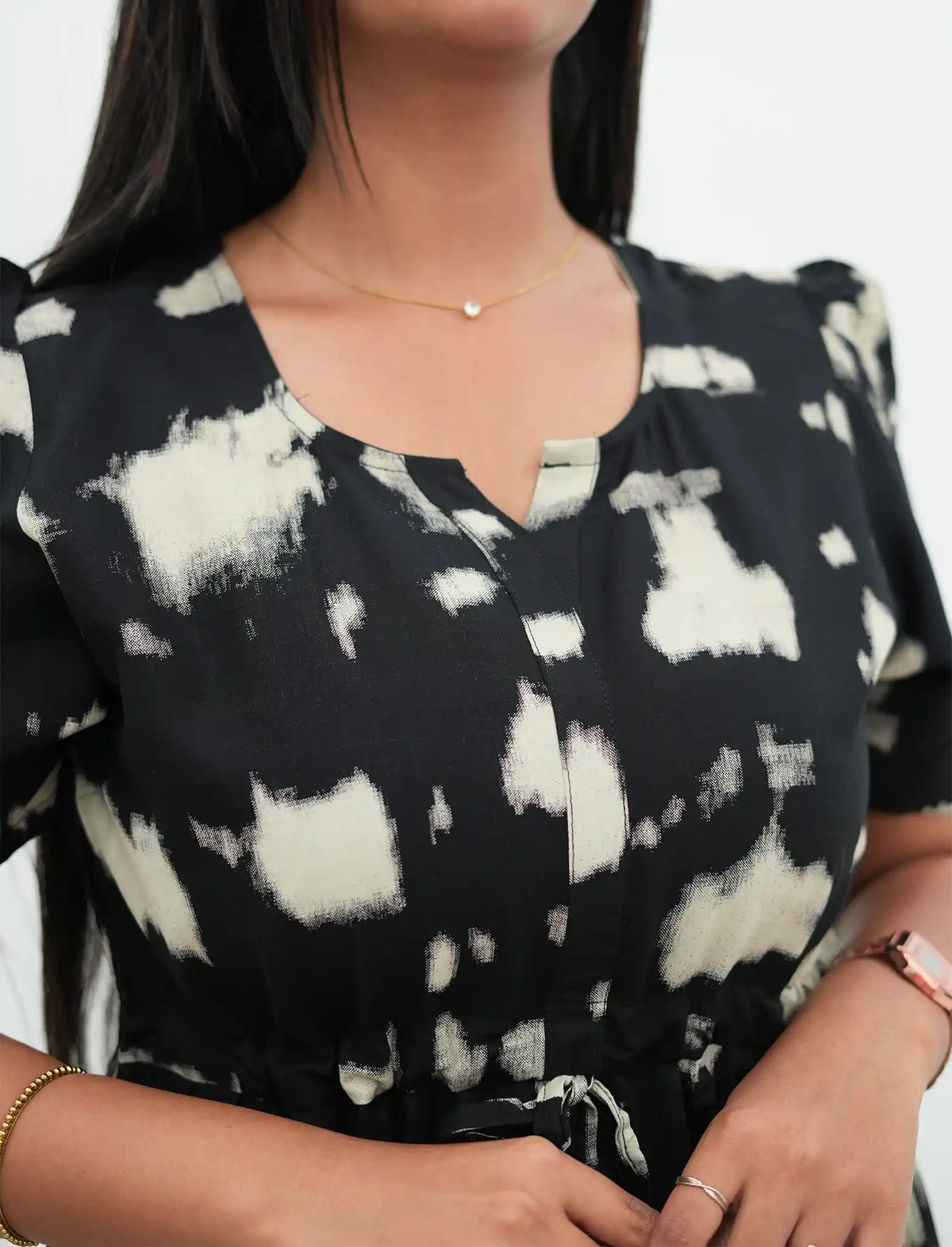 Chocolate Brown Rayon Abstract Print Gathering Frock Nighty Puff Sleeve - Mangai Nighties