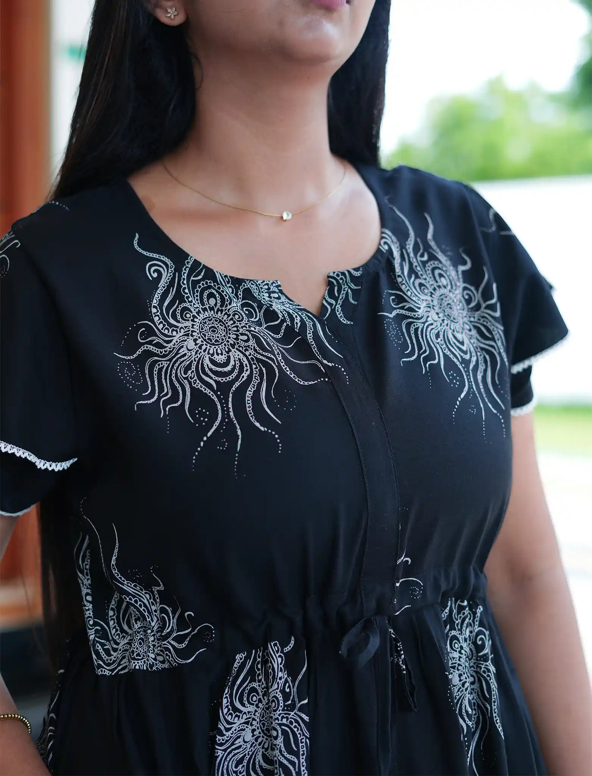 Navy Blue Rayon Sunburst Print Gathering Frock Nighty with Front Tie - Mangai Nighties