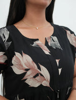 Black Rayon Leaf Print Gathering Full Frock with Front Adjustable Rope - Mangai Nighties