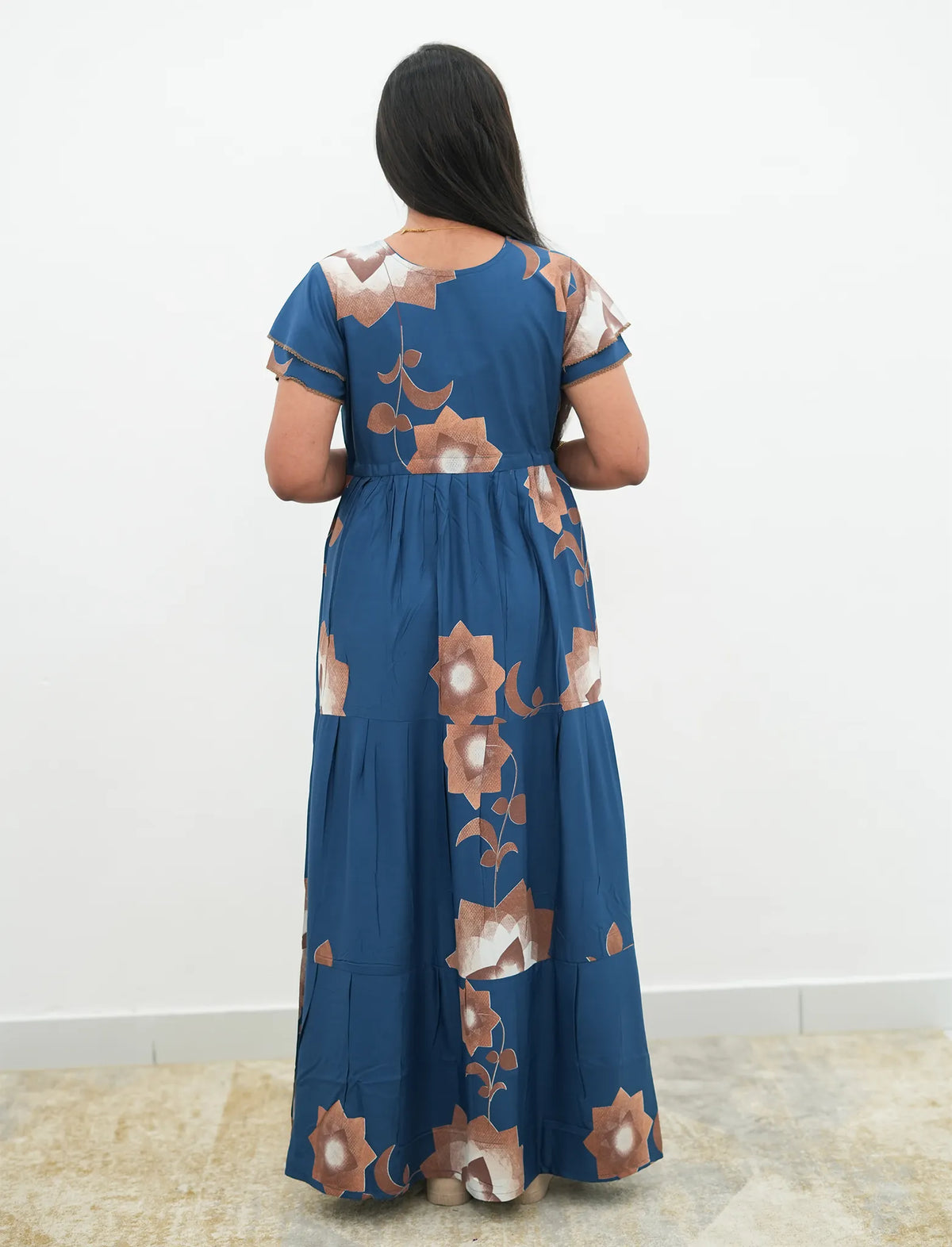 Steel Blue Rayon Floral Gathering Frock Nighty with Double Layer Sleeve - Mangai Nighties