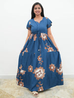 Steel Blue Rayon Floral Gathering Frock Nighty with Double Layer Sleeve - Mangai Nighties