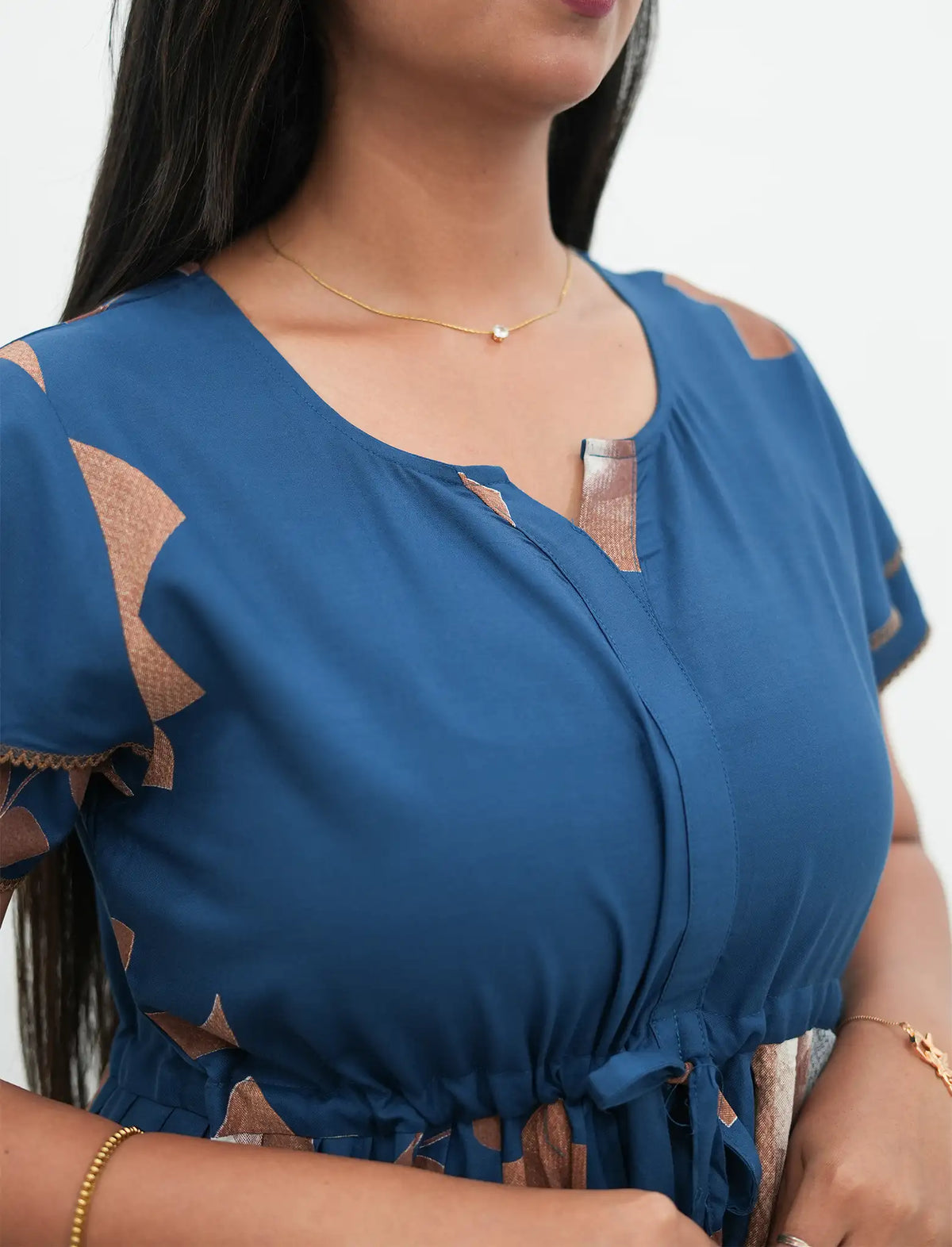 Steel Blue Rayon Floral Gathering Frock Nighty with Double Layer Sleeve - Mangai Nighties