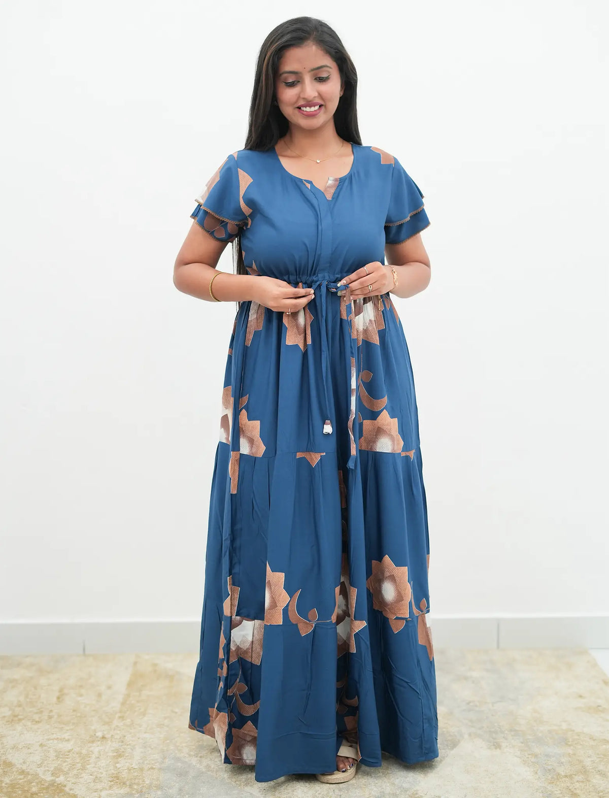 Steel Blue Rayon Floral Gathering Frock Nighty with Double Layer Sleeve - Mangai Nighties