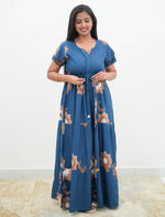 Steel Blue Rayon Floral Gathering Frock Nighty with Double Layer Sleeve - Mangai Nighties