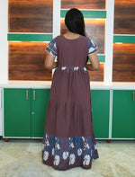 Brown Rayon Vintage Floral Gathering Frock with Double Layer Sleeve's - Mangai Nighties