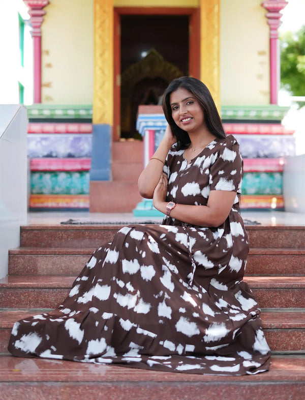 Women's Chocolate Brown Rayon Abstract Print Long Dress - Mangai Nighties 
