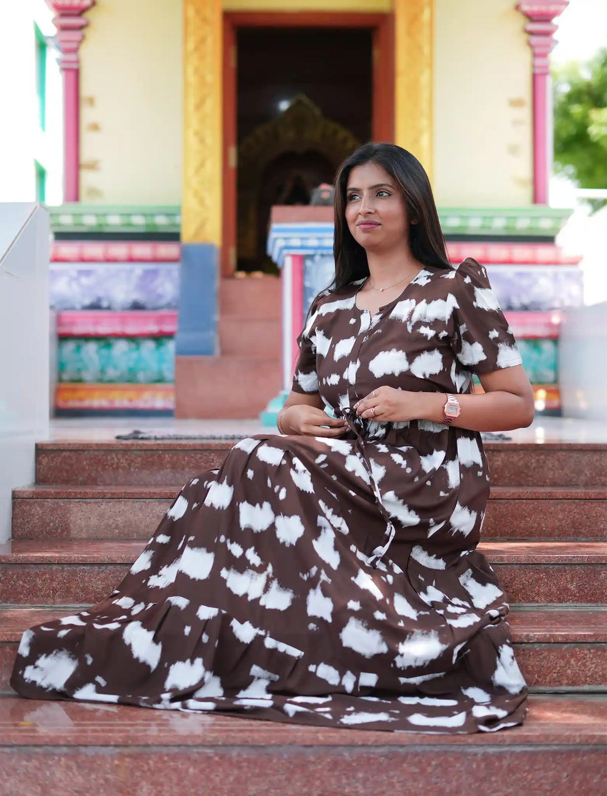 Chocolate Brown Rayon Abstract Print Gathering Frock Nighty Puff Sleeve - Mangai Nighties