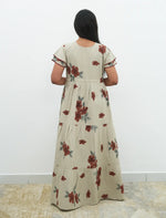 Cream Beige Floral Rayon Gathering Frock Nighty with Side Pocket - Mangai Nighties