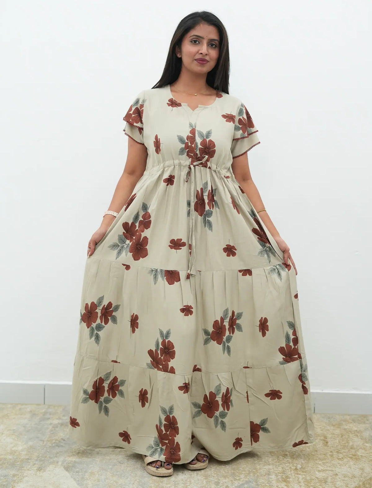 Cream Beige Floral Rayon Gathering Frock Nighty with Side Pocket - Mangai Nighties