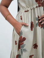 Cream Beige Floral Rayon Gathering Frock Nighty with Side Pocket - Mangai Nighties