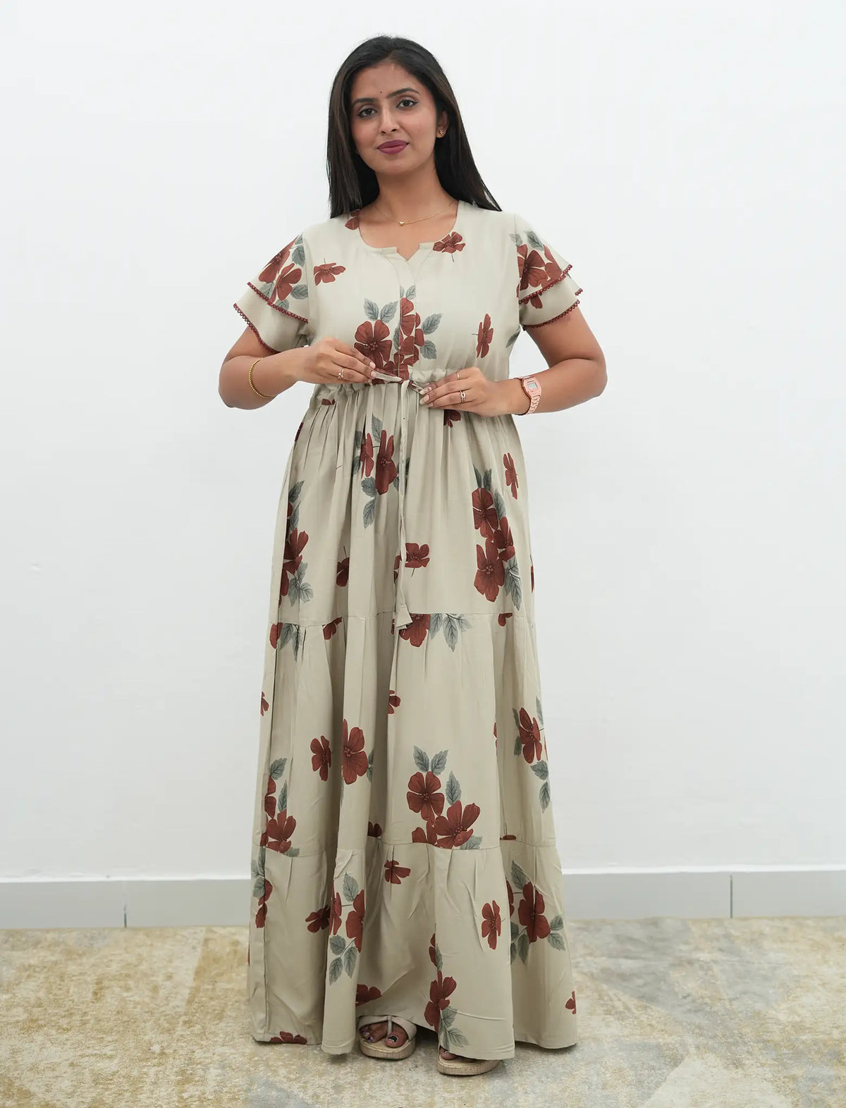 Cream Beige Floral Rayon Gathering Frock Nighty with Side Pocket - Mangai Nighties