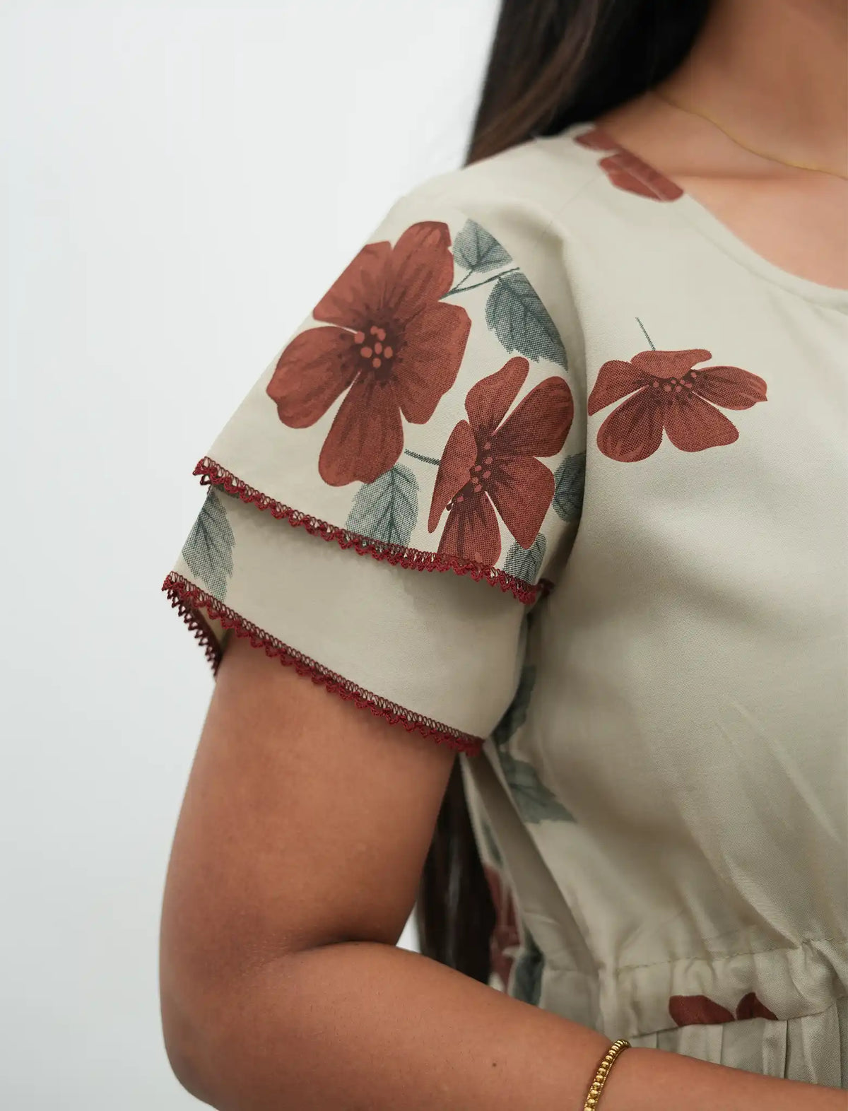 Cream Beige Floral Rayon Gathering Frock Nighty with Side Pocket - Mangai Nighties