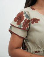 Cream Beige Floral Rayon Gathering Frock Nighty with Side Pocket - Mangai Nighties