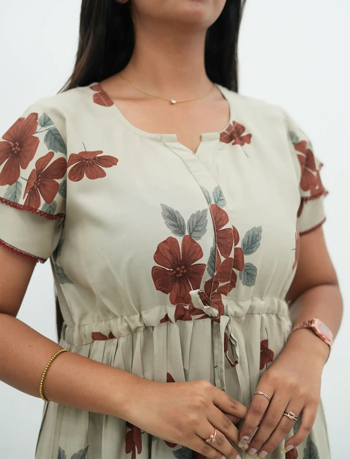 Cream Beige Floral Rayon Gathering Frock Nighty with Side Pocket - Mangai Nighties