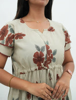 Cream Beige Floral Rayon Gathering Frock Nighty with Side Pocket - Mangai Nighties
