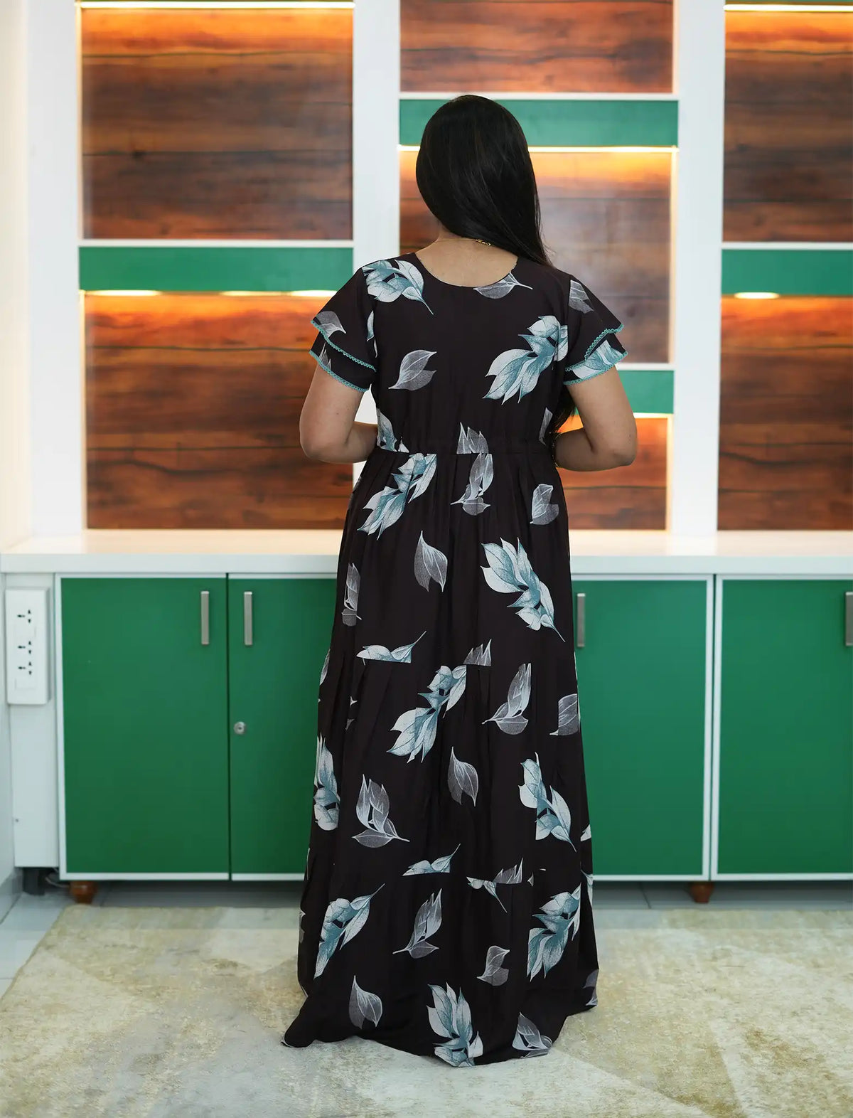 Black Rayon Leaf Print Gathering Full Frock with Front Adjustable Rope - Mangai Nighties