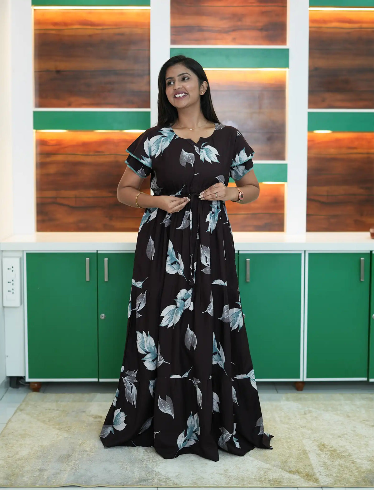 Black Rayon Leaf Print Gathering Full Frock with Front Adjustable Rope - Mangai Nighties