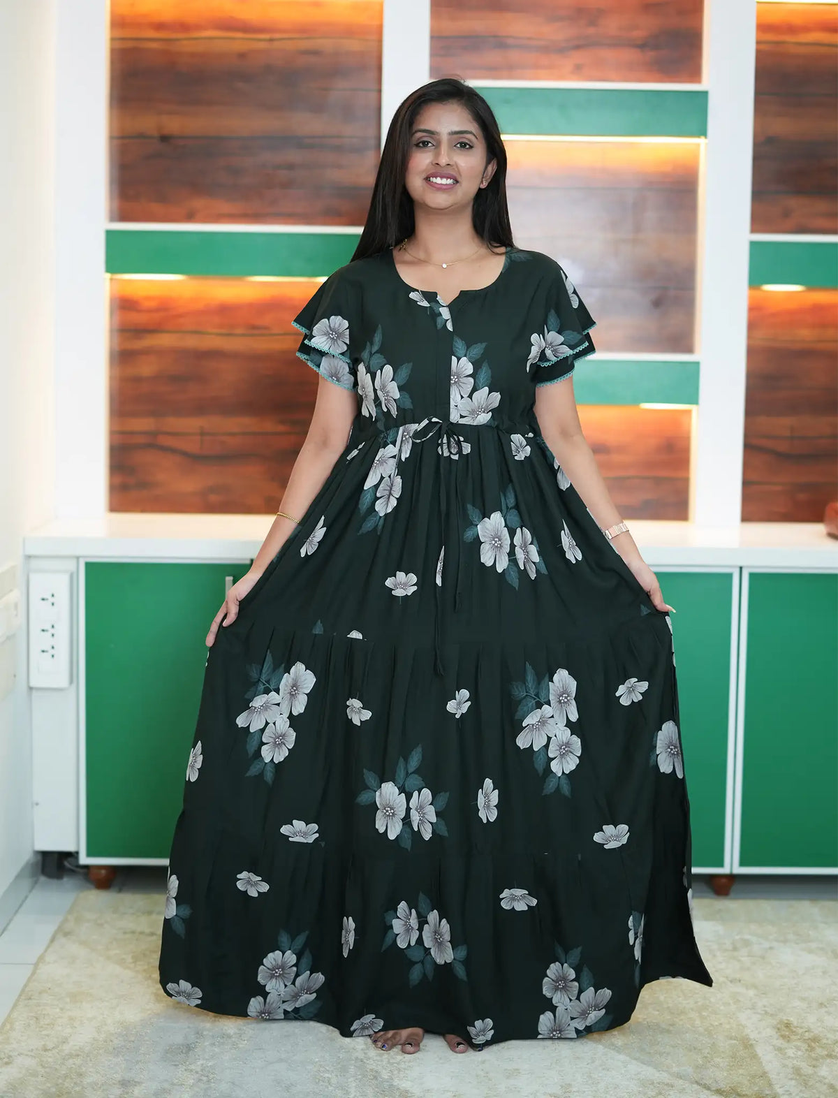 Cream Beige Floral Rayon Gathering Frock Nighty with Side Pocket - Mangai Nighties