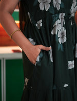 Cream Beige Floral Rayon Gathering Frock Nighty with Side Pocket - Mangai Nighties