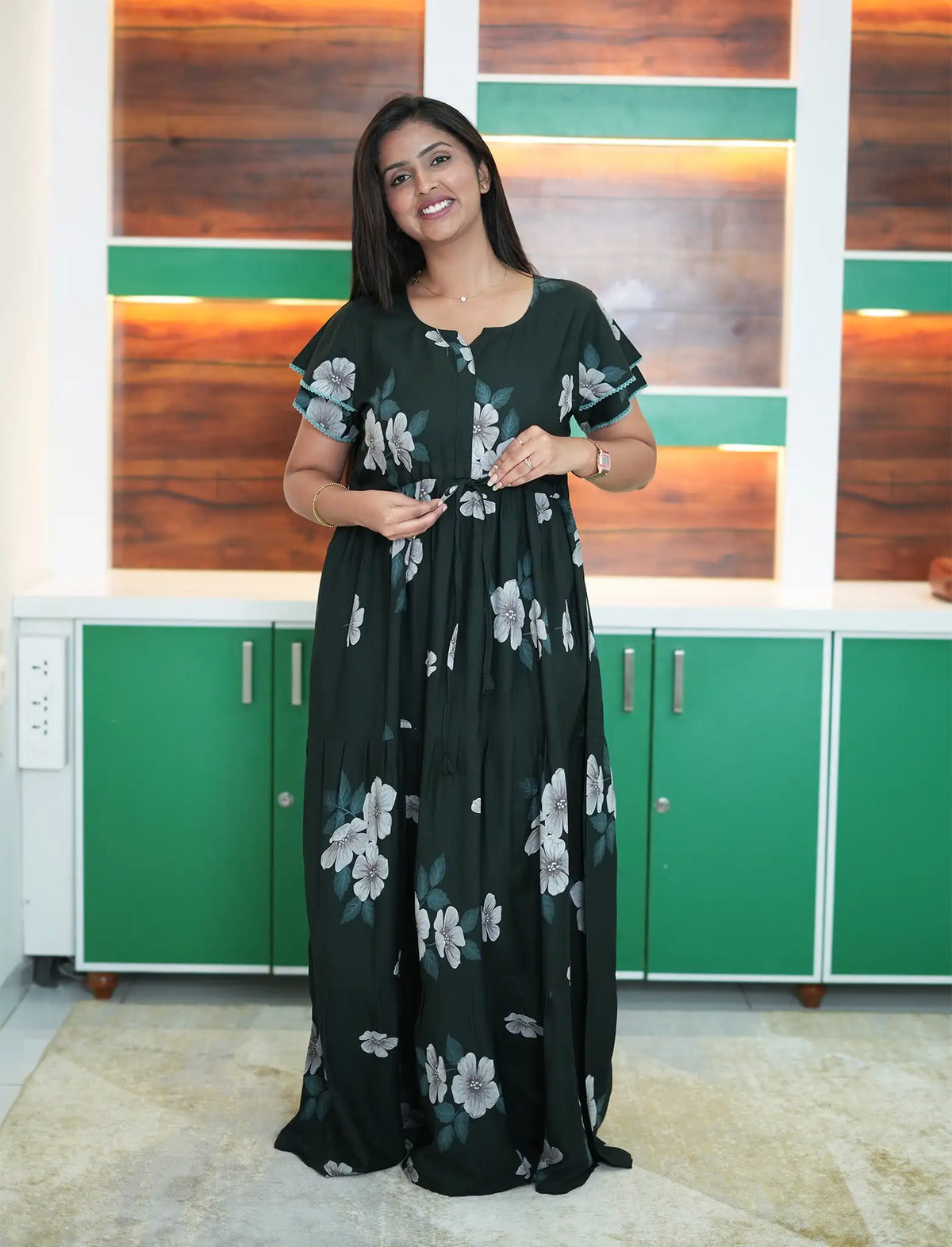 Cream Beige Floral Rayon Gathering Frock Nighty with Side Pocket - Mangai Nighties