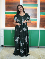 Cream Beige Floral Rayon Gathering Frock Nighty with Side Pocket - Mangai Nighties