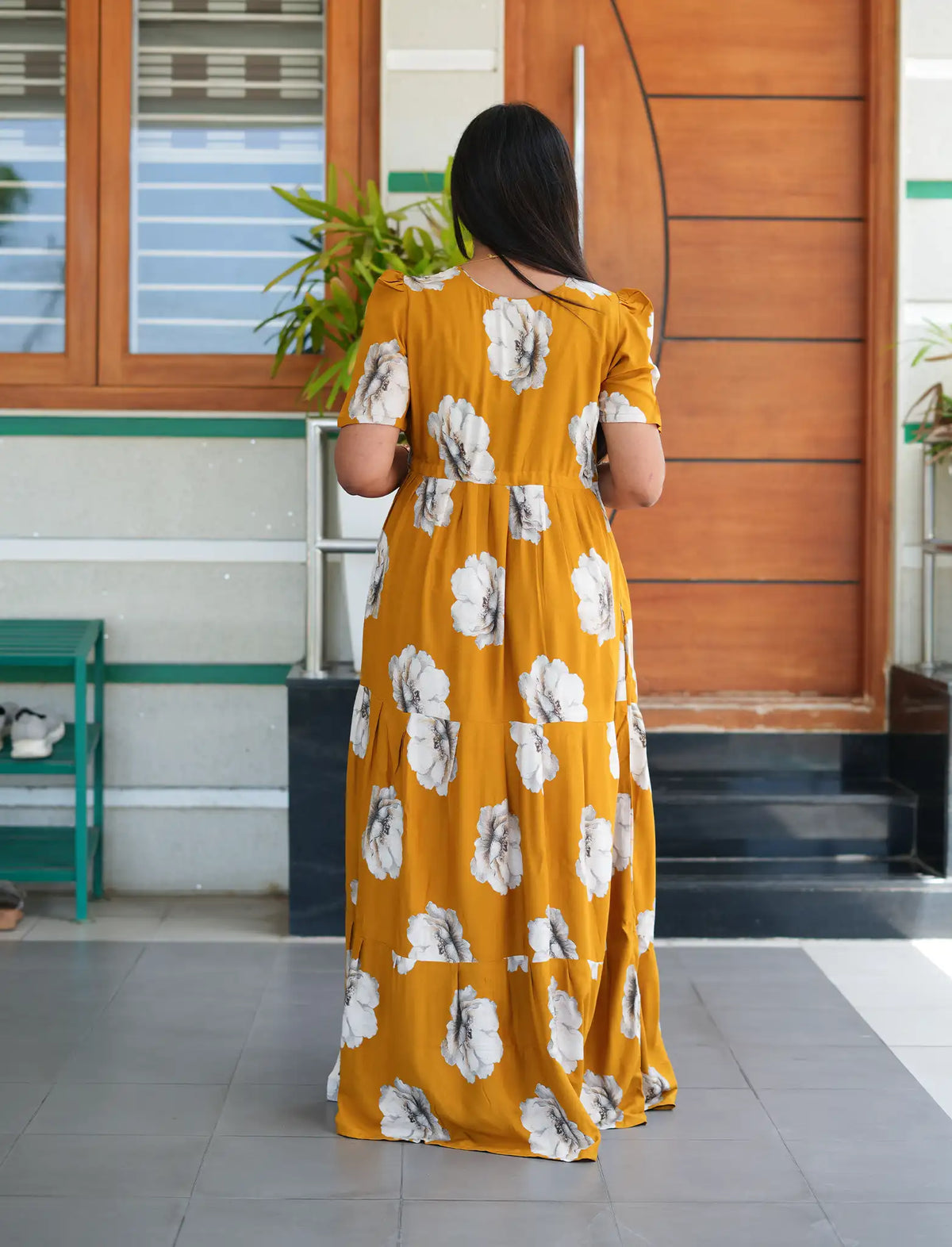 Mustard Rayon Floral Print Gathering Frock with Front Tie - Mangai Nighties