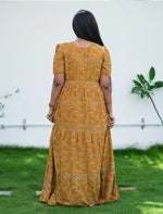 Black Rayon Wave Print Gathering Frock Nighty with Puff Sleeve - Mangai Nighties