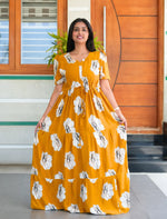 Mustard Rayon Floral Print Long Frock - Mangai Nighties 