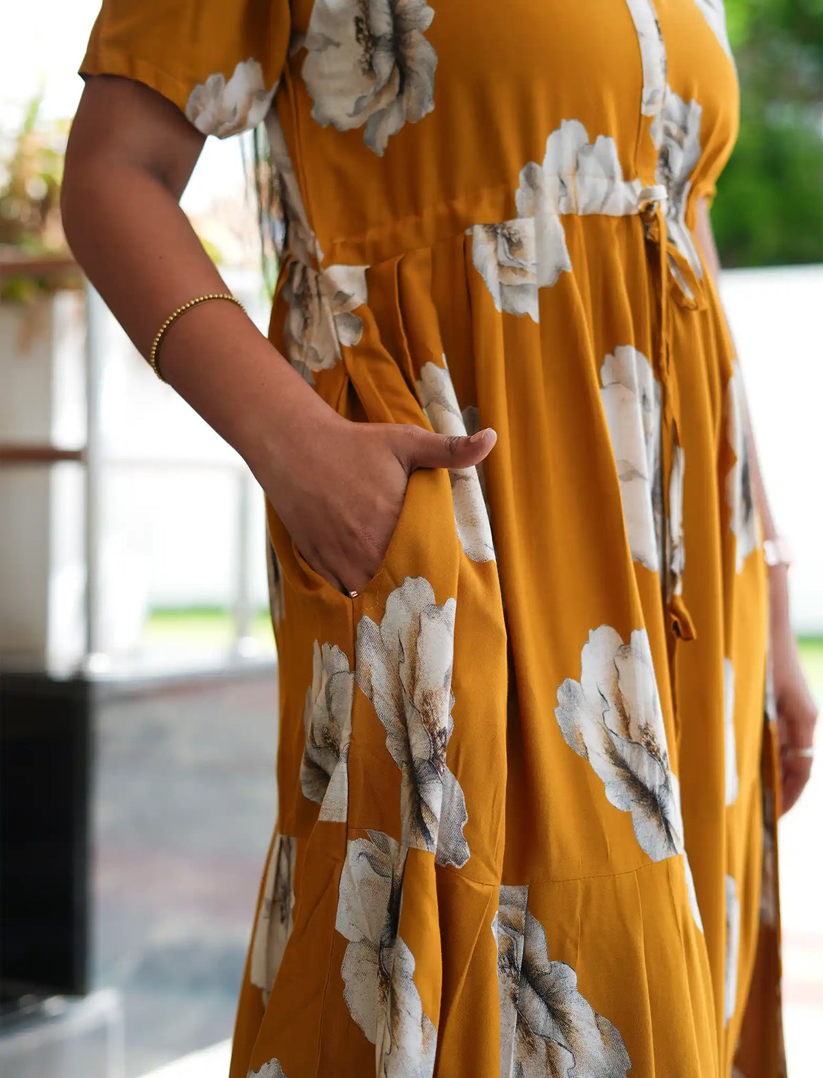 Mustard Rayon Floral Print Gathering Frock with Front Tie - Mangai Nighties