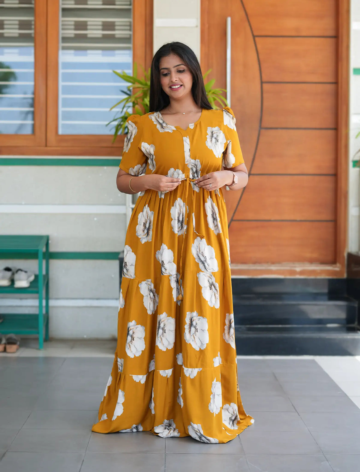 Mustard Rayon Floral Print Gathering Frock with Front Tie - Mangai Nighties
