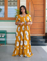 Mustard Rayon Floral Print Gathering Frock with Front Tie - Mangai Nighties