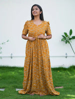 Black Rayon Wave Print Gathering Frock Nighty with Puff Sleeve - Mangai Nighties