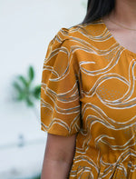 Black Rayon Wave Print Gathering Frock Nighty with Puff Sleeve - Mangai Nighties
