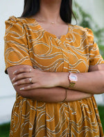 Black Rayon Wave Print Gathering Frock Nighty with Puff Sleeve - Mangai Nighties