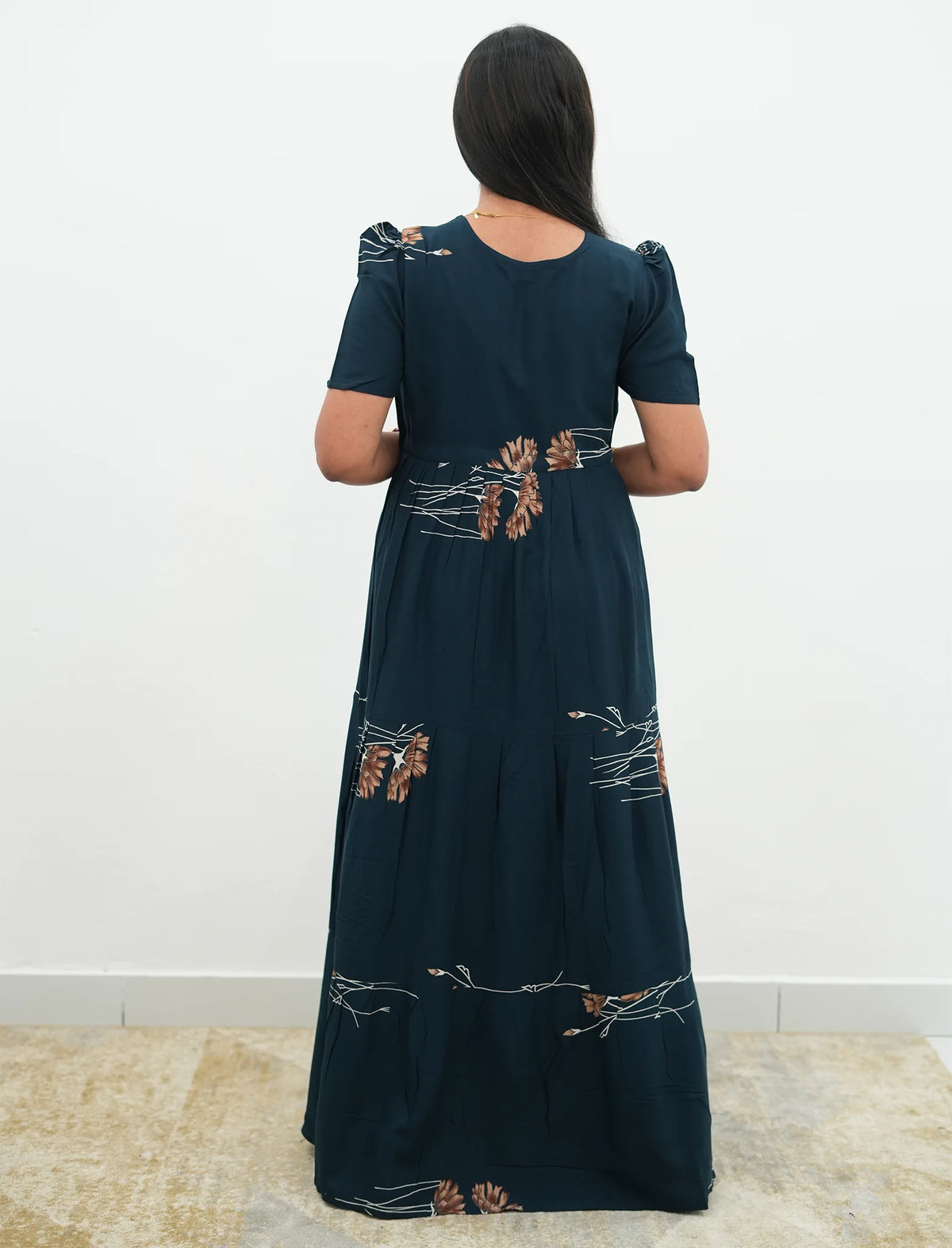 Navy Rayon Botanical Print Gathering Frock Night Gown with Front Tie - Mangai Nighties