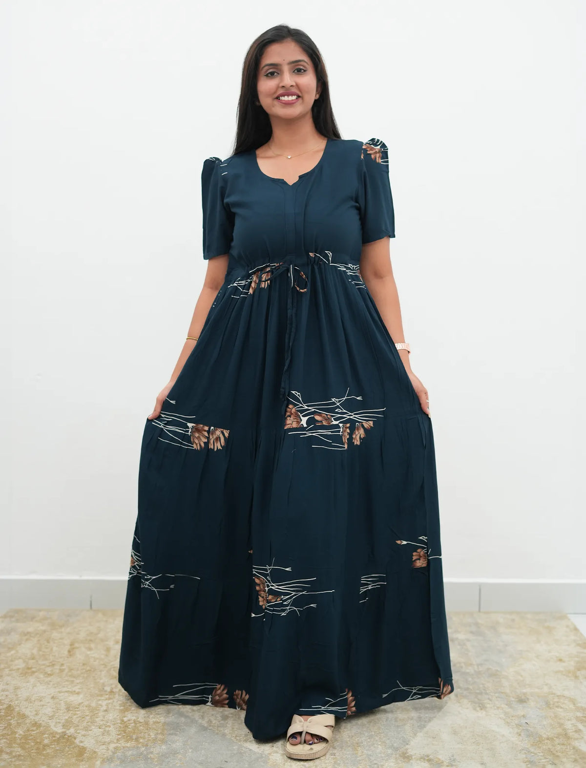 Navy Rayon Botanical Print Gathering Frock Night Gown with Front Tie - Mangai Nighties