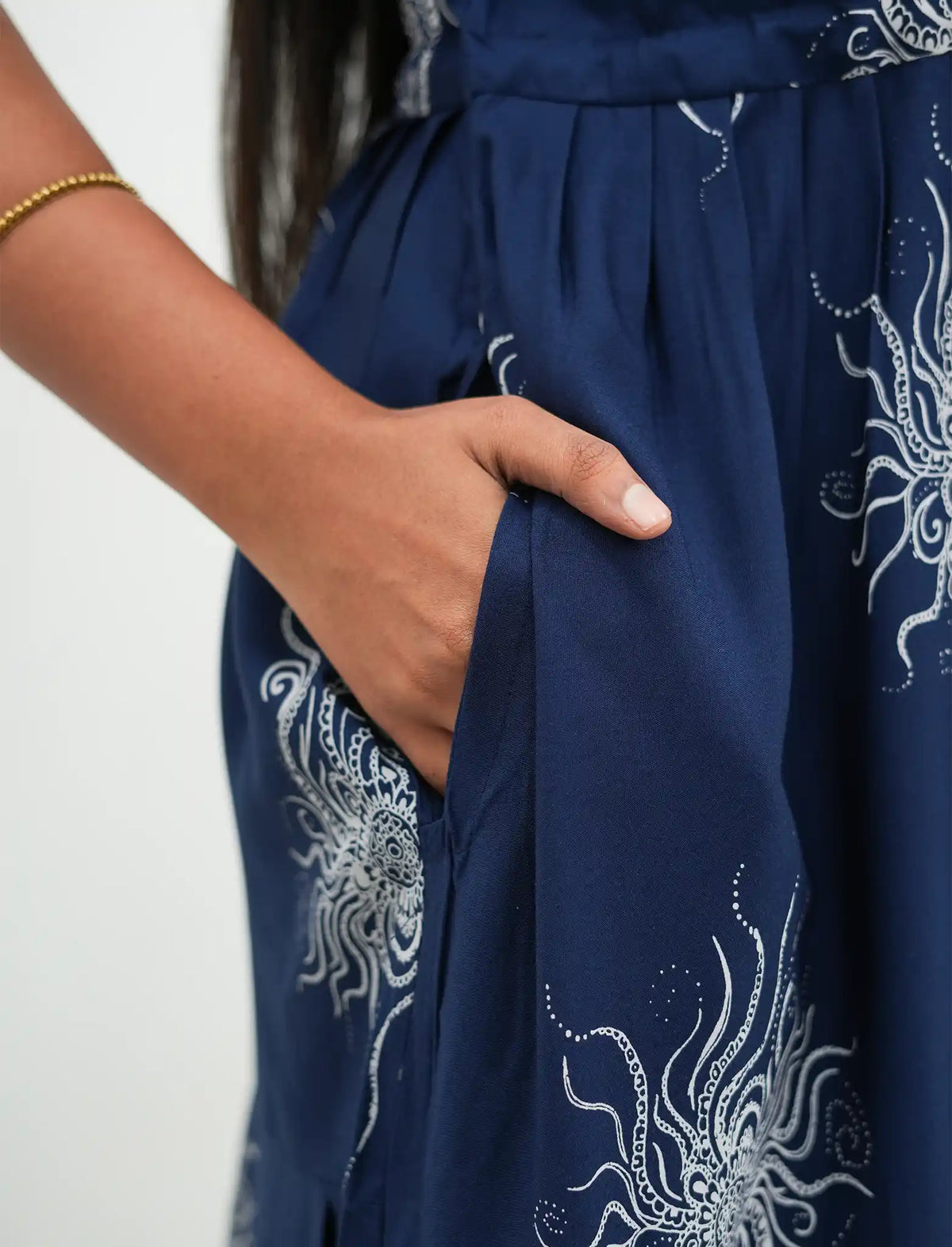 Navy Blue Rayon Sunburst Print Gathering Frock Nighty with Front Tie - Mangai Nighties