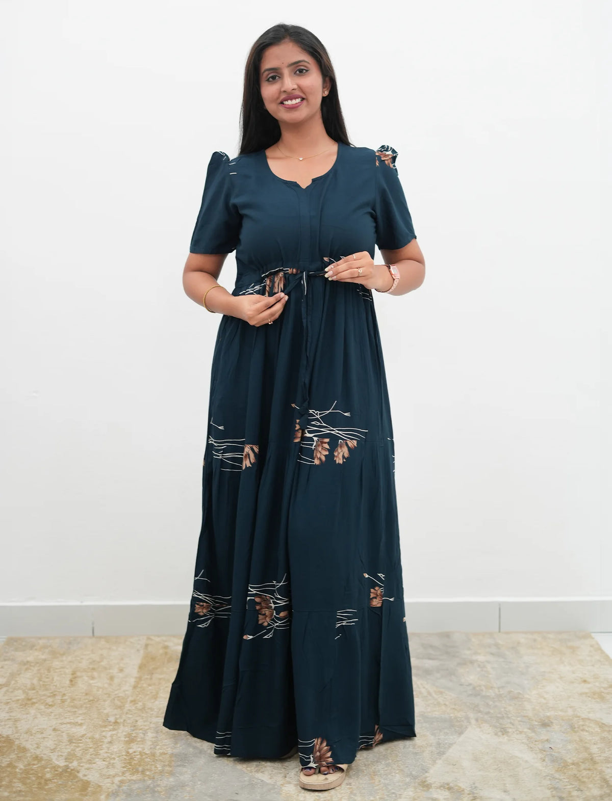 Navy Rayon Botanical Print Gathering Frock Night Gown with Front Tie - Mangai Nighties