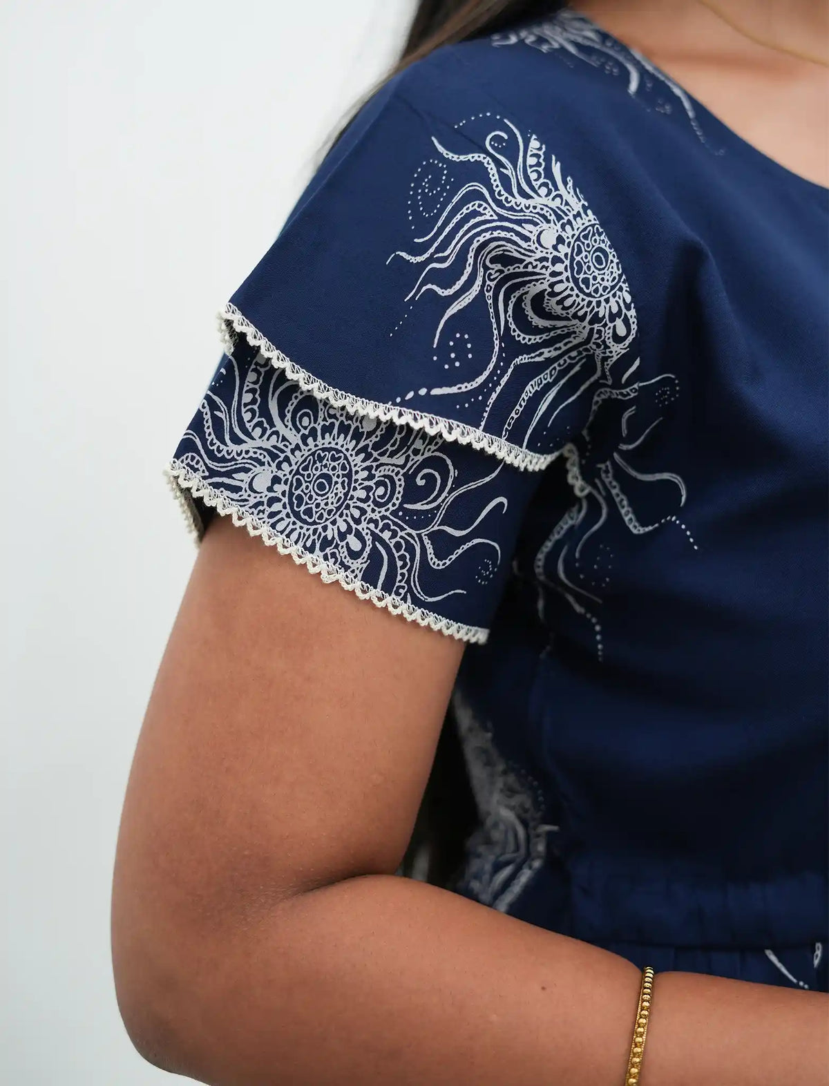 Navy Blue Rayon Sunburst Print Gathering Frock Nighty with Front Tie - Mangai Nighties
