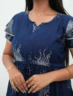 Navy Blue Rayon Sunburst Print Gathering Frock Nighty with Front Tie - Mangai Nighties