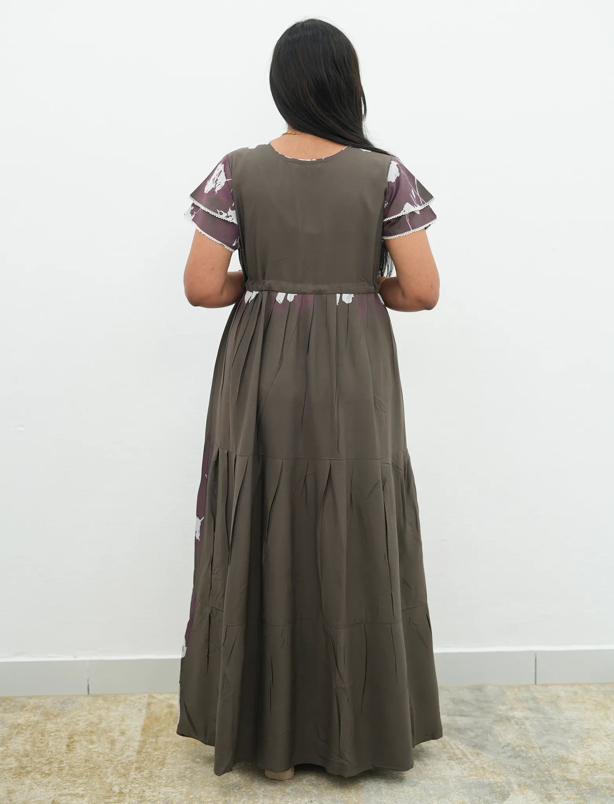 Brown Rayon Vintage Floral Gathering Frock with Double Layer Sleeve's - Mangai Nighties
