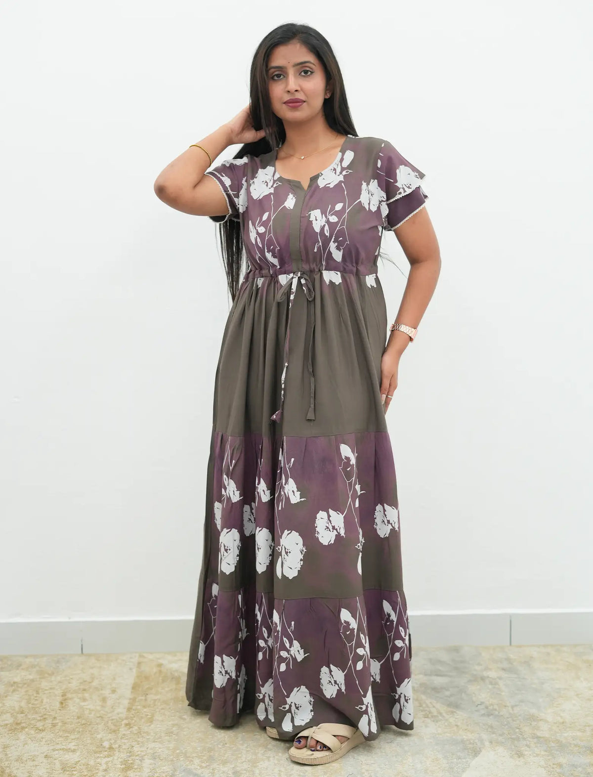 Brown Rayon Vintage Floral Gathering Frock with Double Layer Sleeve's - Mangai Nighties
