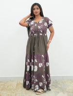 Brown Rayon Vintage Floral Gathering Frock with Double Layer Sleeve's - Mangai Nighties