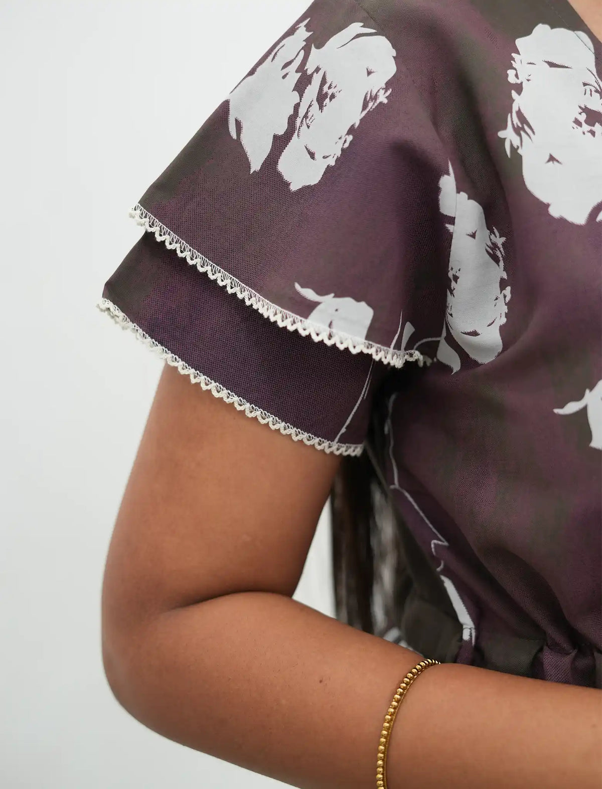 Brown Rayon Vintage Floral Gathering Frock with Double Layer Sleeve's - Mangai Nighties