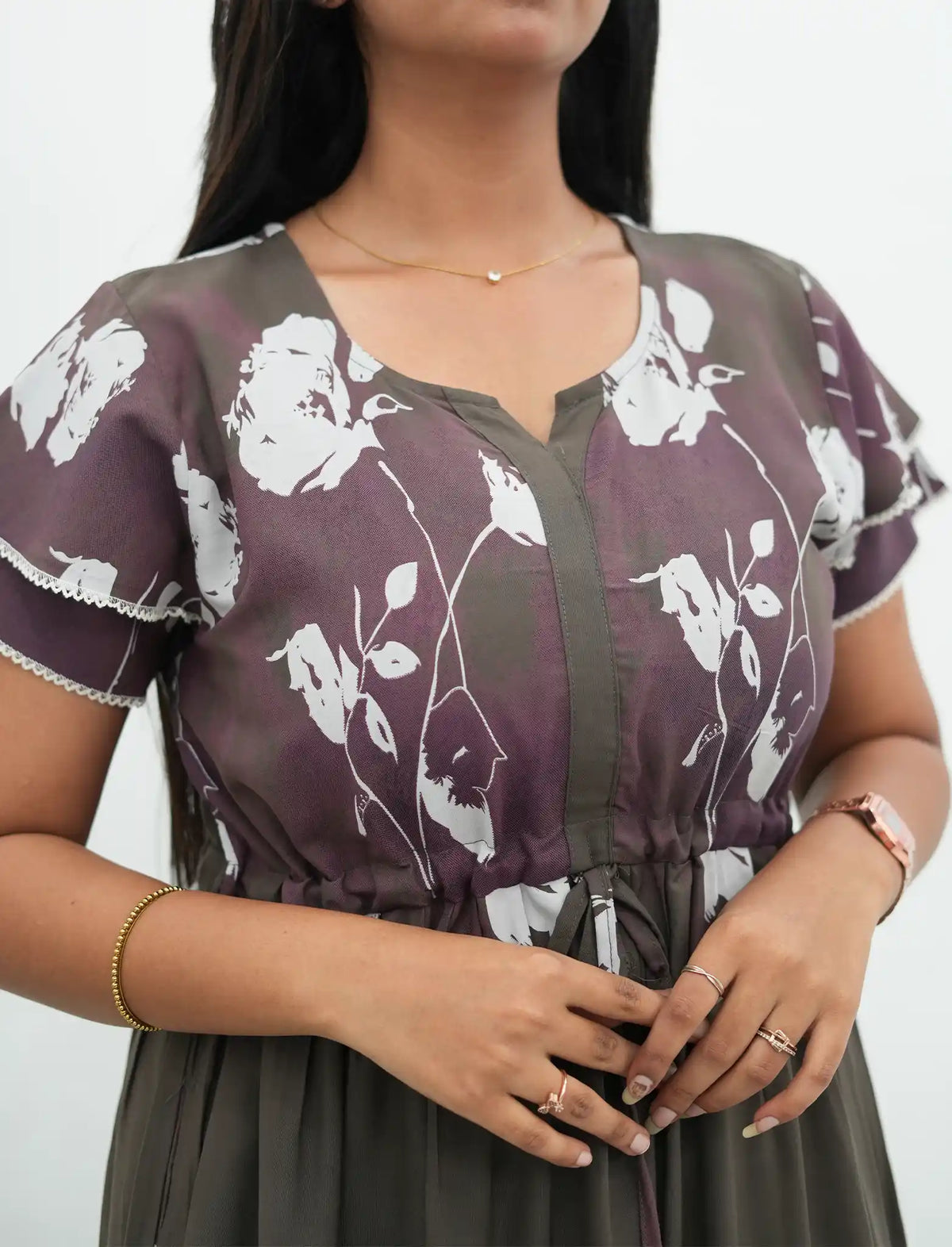 Brown Rayon Vintage Floral Gathering Frock with Double Layer Sleeve's - Mangai Nighties