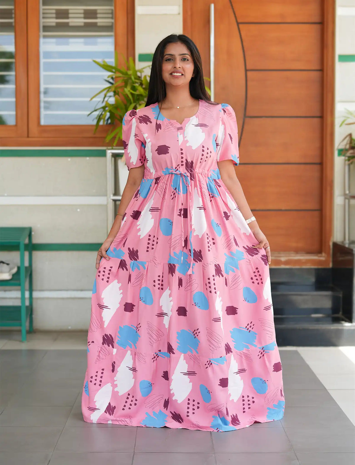 Pink Rayon Abstract Print Gathering Frock Night Gown with Pocket - Mangai Nighties