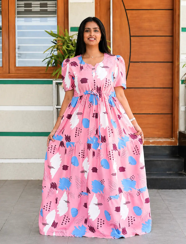 Women's Pink Rayon Printed Long Dress with Puff Sleeves - Mangai Nighties 