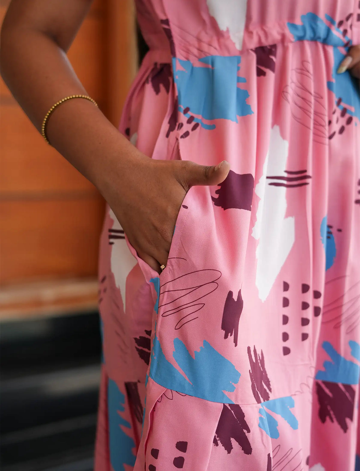 Pink Rayon Abstract Print Gathering Frock Night Gown with Pocket - Mangai Nighties