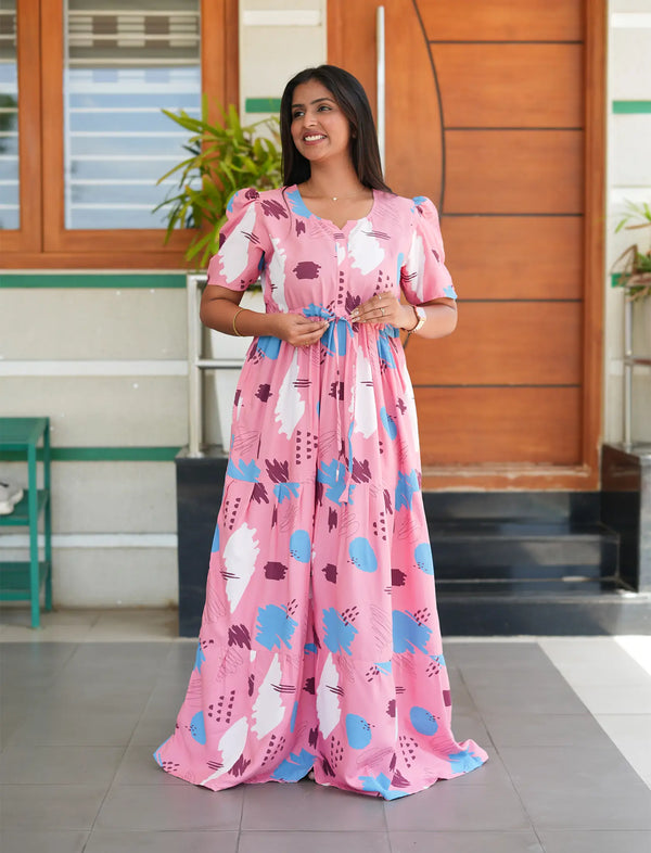 Pink Rayon Casual Long Dress with Front Drawstring Detail - Mangai Nighties 