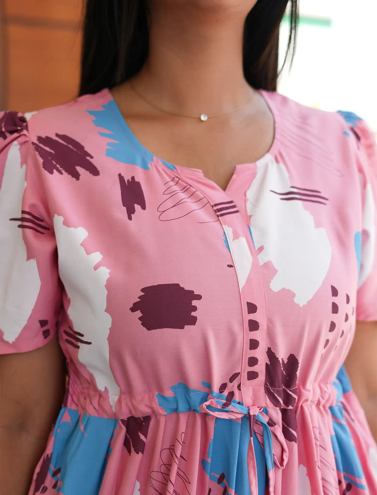 Pink Rayon Abstract Print Gathering Frock Night Gown with Pocket - Mangai Nighties